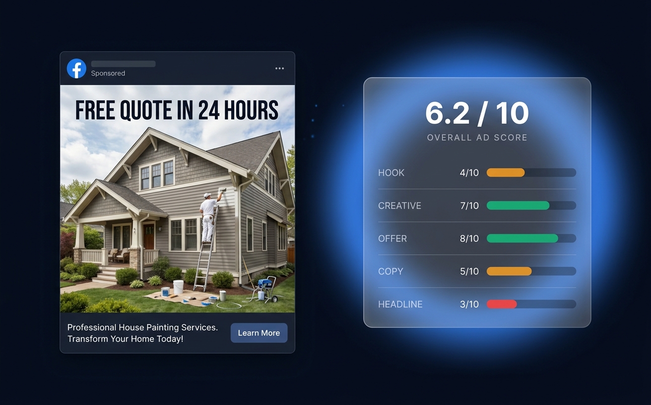 Ad scoring overlay showing a Facebook painting ad evaluated across hook, creative, offer, copy, and headline dimensions.